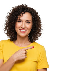 Woman in yellow shirt pointing to the side isolated on transparent background