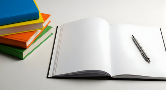 Stack of colorful hardcover books next to an open blank notebook with a pen on a white surface symbolizing education and learning