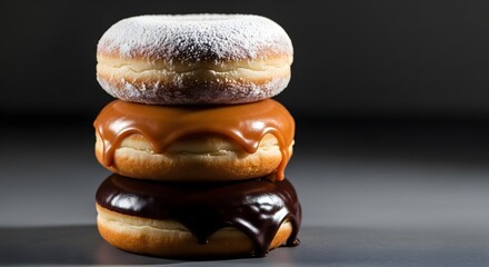 Indulge in delicious donuts with chocolate, caramel, and powdered sugar - perfect for coffee breaks, dessert menus, or sweet treat cravings