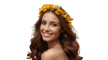 Golden Autumn Portrait of Woman with Leaf Crown on Transparent Background