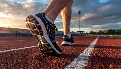 Close up low angle view of a runner s feet in athletic shoes on a red track at sunrise with dramatic sky