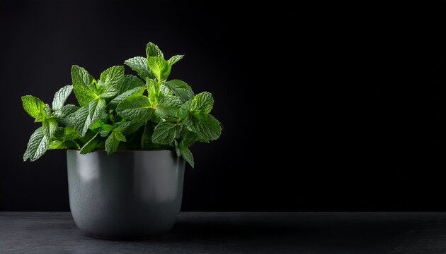 vibrant mint plant in a dark gray pot against a stark black background
