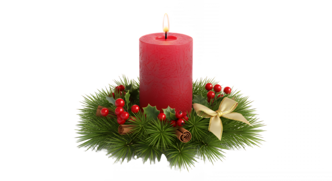 Festive red candle with christmas wreath and golden bow on transparent background