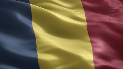 Waving flag of Chad with blue, yellow, and red vertical bands, fabric texture visible.