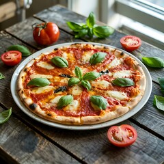 Delicious margherita pizza with fresh basil and ripe tomatoes arranged on a rustic wooden table with natural light