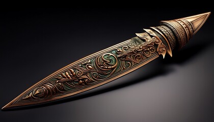 ornate bronze arrowhead with intricate wood shaft displaying ancient decorative patterns