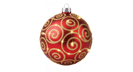 Festive red christmas ornament with golden glitter swirls on transparent background