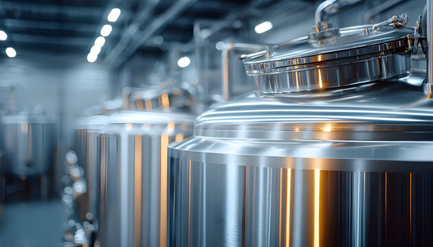 Close-up of a shiny stainless steel industrial fermentation tank in a bright, modern facility.