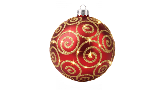 Festive red christmas ornament with golden glitter swirls on transparent background