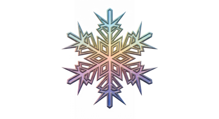 Iridescent snowflake with intricate geometric design on transparent background
