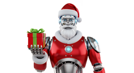 Futuristic santa robot holding a christmas gift for the holidays on transparent background