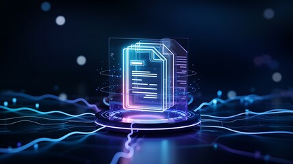Futuristic glowing digital document icon representing data security and information technology in a dark abstract background