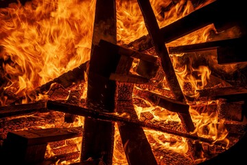 burning wood in a bonfire in close up at night