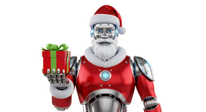 Futuristic santa robot holding a christmas gift for the holidays on transparent background