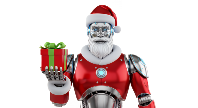 Futuristic santa robot holding a christmas gift for the holidays on transparent background - Powered by Adobe