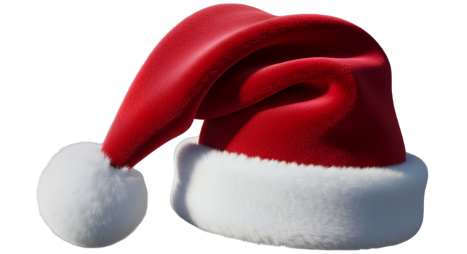 Festive red santa hat with white fur trim on a clean on transparent background