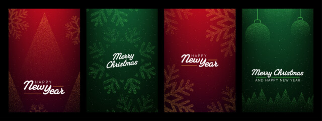 Set of four christmas and new year vector cards with dotted christmas tree, snowflake, ornament, forest. Holiday poster for social media design and seasonal greeting.