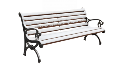Snow covered park bench on a cold winter day in a peaceful outdoor scene on transparent background