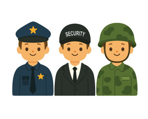 Police officer, security guard and soldier standing side by side. Flat cartoon vector illustration of public safety and defense professions. Character icons for banner and poster design