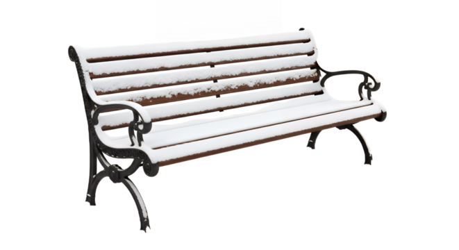Snow covered park bench on a cold winter day in a peaceful outdoor scene on transparent background