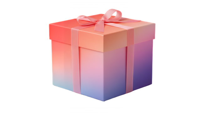 Beautifully wrapped gift box with pink ribbon on a black studio background on transparent background