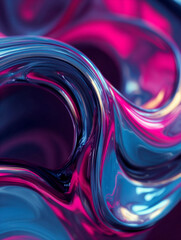 Abstract fluid glass curves with vibrant pink and deep blue reflections