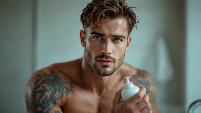 Expressive cinematic portrait of a tattooed man with glowing skin holding a luxury skincare product in stylish studio lighting