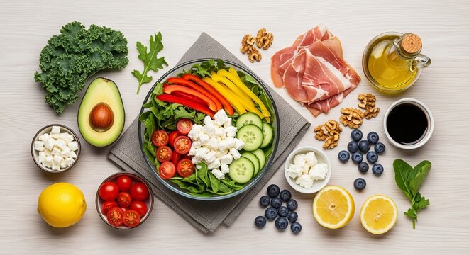 Fresh and healthy salad ingredients arranged artistically on a white wooden table top view