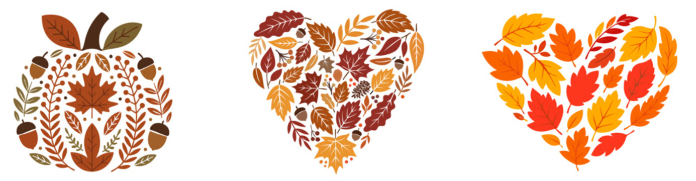 Autumn compositions made of colorful fall leaves shaped as a pumpkin and hearts