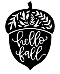 Hello Fall acorn with autumn leaves and handwritten lettering in black silhouette style