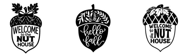 Autumn acorn bundle with fall quotes. Welcome to the Nut House, Hello Fall, decorative oak leaf nut designs for cozy seasonal decor