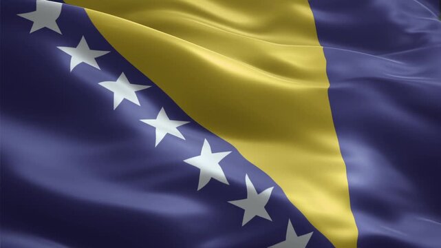 Waving flag of Bosnia and Herzegovina with yellow triangle and white stars.