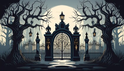 haunted gothic cemetery gate with spooky skull decorations and bare trees stock