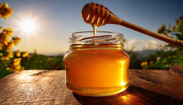 a glass jar of honey rich golden amber color is shown with a wooden honey dipper drizzled with honey - Powered by Adobe