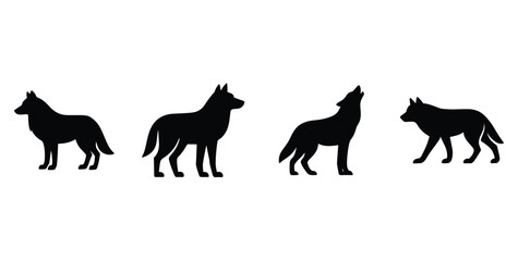 Wolf silhouettes vector set in various poses, wild animal icon.