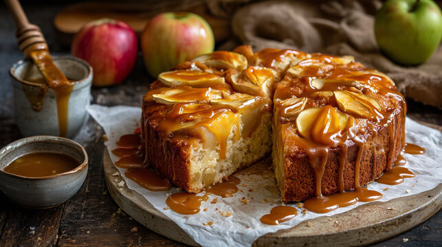 A rustic apple cake with caramel drizzle and baked apple slices