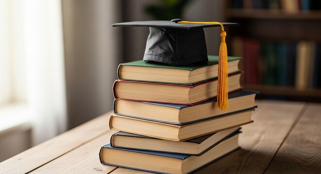 Stack of old books topped with a graduation cap and tassel on a wooden table