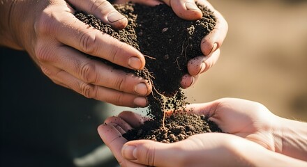 Two Pairs of Hands Passing Rich Fertile Soil with Small Root