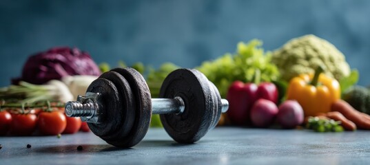 Healthy lifestyle concept - Dumbbell with fresh vegetables for diet and exercise.