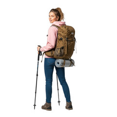 Woman hiker with backpack and trekking poles isolated on transparent background