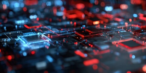 Obraz premium Futuristic Circuit Board with Glowing Components and Red Accents.