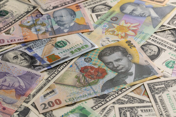 Full Frame Background of Mixed Romanian Leu and US Dollar Banknotes