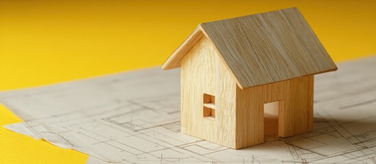 Wooden house model on blueprint against yellow background, real estate concept.