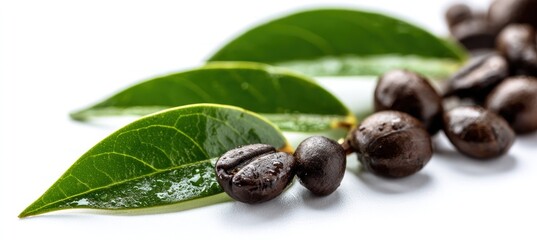 Obraz premium Fresh coffee beans with green leaves on a white background.