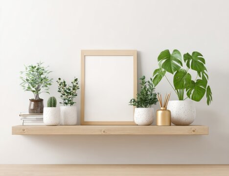 Minimalist Shelf Decor with Plants and Frame Mockup.