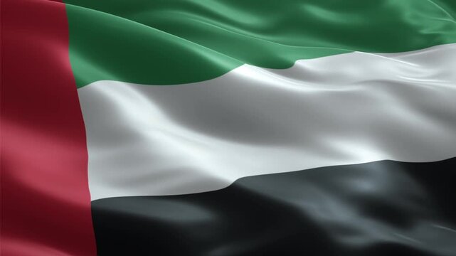 The national flag of the United Arab Emirates waving gracefully in the wind, showcasing its vibrant colors of red, green, white, and black.