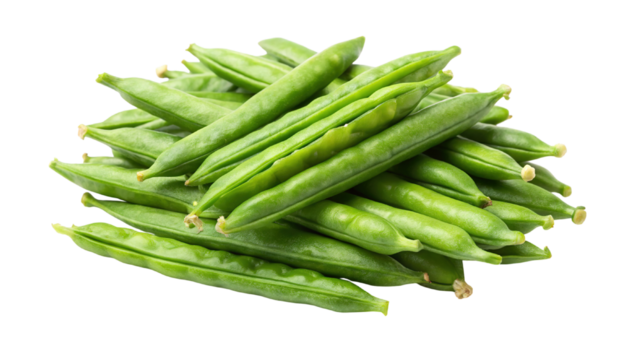 A fresh pile of bright green snap peas piled together in a heap isolated on transparent background