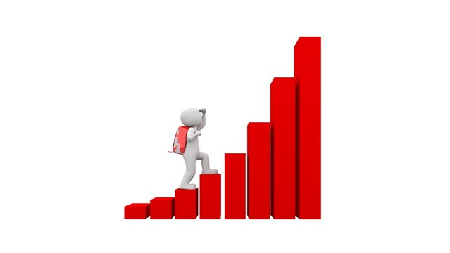 Determined 3D character with backpack climbing a red bar graph, symbolizing ambition, continuous progress, and the journey to achieve business and personal growth goals