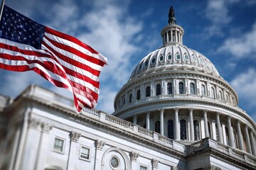 American Flag Waving in Front of the US Capitol Building.