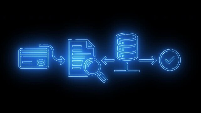 Database synchronization and replication workflow with servers, arrows, queue and neon blue connection diagram